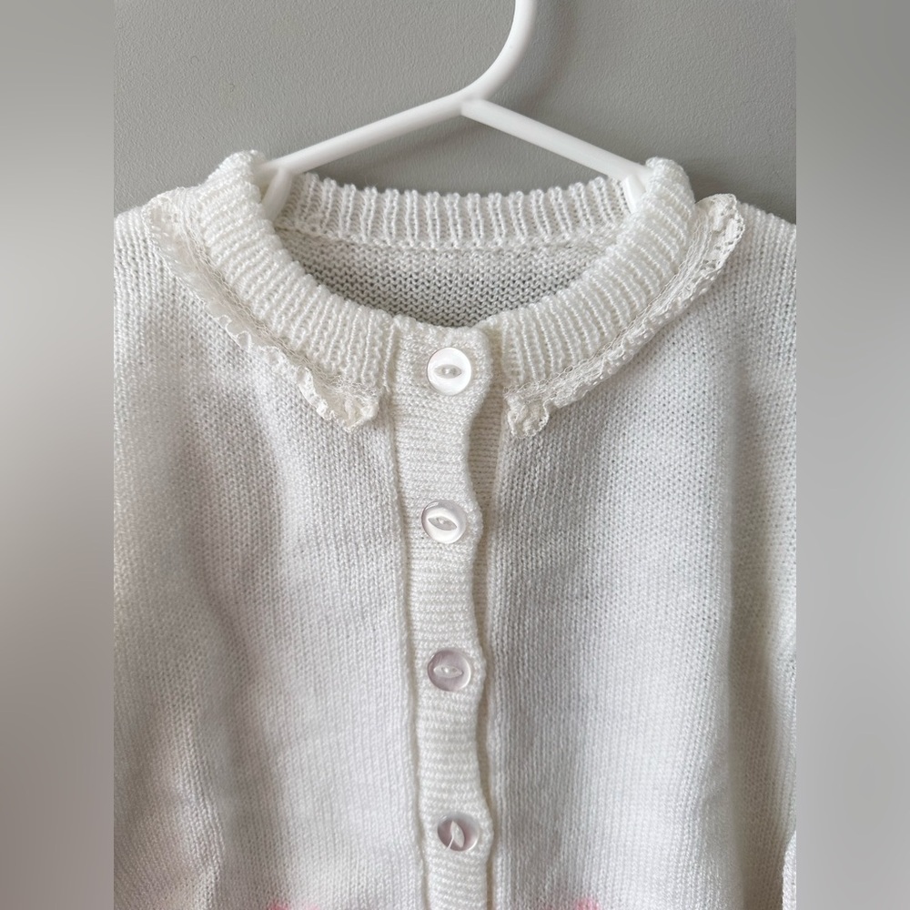 Vintage Baby Knit Cardigan Sweater White Floral Lace 6–12M Cottagecore Easter - Picture 2 of 9